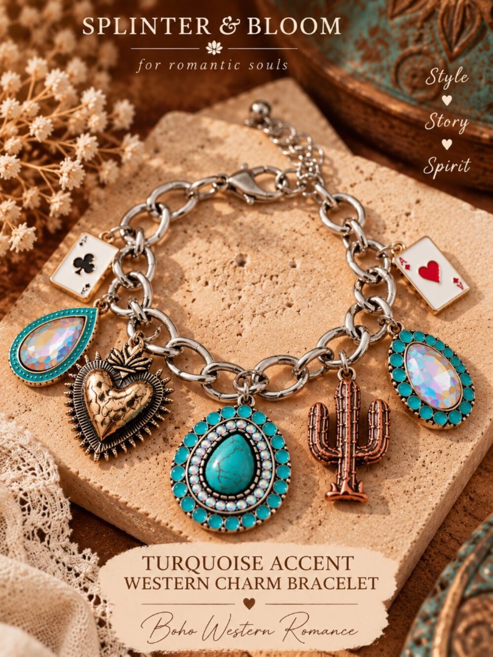 NWT Turquoise Western Charm Bracelet Cactus Heart Playing Cards
